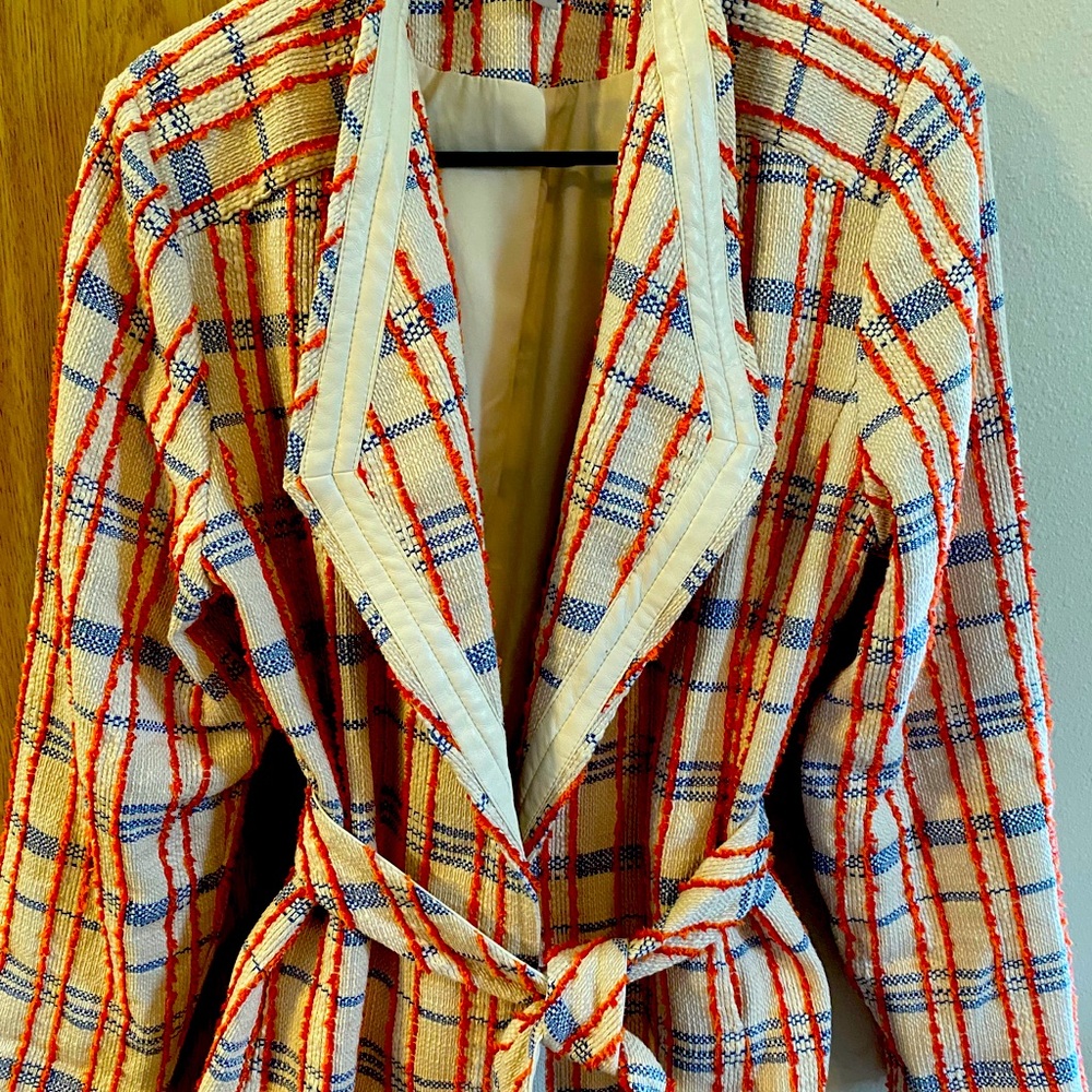 Chico’s Cotton chenille/ leather trimmed jacket.